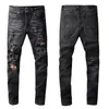 Jeans pour hommes noir skinny s'adapte aux genoux déchirés avec des patchs léopard pantalons minces pour les gars portant un denim court extensible en détresse moteur à la mode longue