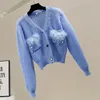 Malhas femininas Hollow Out Cardigan Cardigan Knited Coat Women Feminino Pocket Pocket Double Elegant Knitwear Moda Blue Sweaters Top Fall