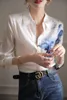 Autumn New Vintage Ink Printing Chiffon Shirt Turn-Down Collar Long Sleeve Satin Blus Women Summer Korean Style Casual Shirt