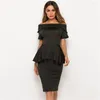 Casual Dresses Women Summer Slash Neck Off Shoulder Ruffle Office Lady Elegant Slim Fit Party Dress Fold Over Peplum Midi