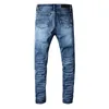 Herren-Designer-Jeans, Knie-Röhrenjeans, Rip-Silm-Passform, reguläre Passform, entspannt, Distress-Kult, trendig, blau, gerades Bein, schwarzer Patch, modisch, super weich, Biker-Jeans
