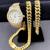 Цепочки, 3 шт., ювелирные изделия в стиле хип-хоп для мужчин, женщин и мальчиков, часы со льдом, ожерелье, браслет, блестящий бриллиант, кубинская цепочка, колье, золотой комплект, Jewlery283g
