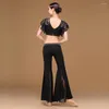 Bühnenkleidung Frauen Tanzen Bauch Kleidung V-Ausschnitt Spitze Orientalische Übungskostüme Set Mädchen 2 Stück Top Split Schlaghosen Hosen