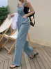 24ss~ Women's Jeans BGTEEVER Summer Fashion Loose Women Suspender Denim Trousers Casual Sleeveless Pockets Ladies Wide Leg Overalls Pants 221011