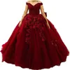 2022 Dark Red Quinceanera Dresses Bourgogne Ball Gown Off Shoulder 3D Floral Flowers Lace Applicques Crystal Beads Bow Sweet 16 Vestido de 15 Anos Quinceanera