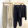 Two Piece Dres Autumn Winter Solid Color Casual Two Piece Set Oneck Loose Long Sleeve SweatshirtsDrawstring Tie Up Sweatpants Cozy 221010