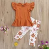 Clothing Sets 1-6Years Kids Baby Girls Top Floral Trousers Short Sleeve Ruffle Round Collar High Waist Flouncing Hem Elastic Clothes