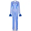 Casual Dresses Adogirl Fashion Y2k Blue Transparent Mesh Evening Maxi Women Sexy See Through Night Party Club Fur Sleeve Long Dress