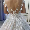 2023 vestido de bola Vestidos de novia Dubai Elegante manga larga Cuello redondo transparente Apliques de encaje Con cuentas Vestios De Novia Vestidos de novia de lujo con botones