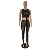 Pantaloni a due pezzi da donna Club Sheer Mesh 2 Set Top corto incrociato da donna e clubwear Abiti aderenti trasparenti