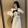 Tvådelad klänning beskuren vit tweed -kappa elegant bodycon -hängspender pläd set koreansk mode vinterkläder jacka kvinnor 221010