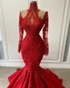 Illusion Langarm Meerjungfrau Abendkleider Stehkragen Spitze Perlen Blumen Arabisch Aso Ebi Fischschwanz Prom Formale Kleid Roben