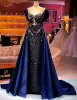 2022 Plus Size Arabic Aso Ebi Navy Blue Luxurious Prom Dresses Beaded Crystals Sheer Neck Evening Formal Party Second Reception Gowns Dress