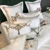 Bedding sets Luxury European Royal Gold Embroidery White 60S Cotton Satin Bedding Set QuiltDuvet Cover Bedspread Fitted Sheet Pillowcases 221010