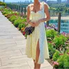 Casual Dresses Floral Print CottageCore ￤rml￶s rand Midi Party Club Sexig backless Elegant Split Robe Femme Women Vestidos Mujer