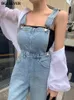 24ss~ Women's Jeans BGTEEVER Summer Fashion Loose Women Suspender Denim Trousers Casual Sleeveless Pockets Ladies Wide Leg Overalls Pants 221011