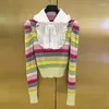 Maglioni da donna Moda donna Maglione aderente sottile 2022 Autunno Colletto rovesciato Maglione pullover lavorato a maglia a righe arcobaleno