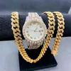 Kettingen 3 STKS Hip Hop Sieraden Voor Heren Vrouwen Jongens Iced Out Horloge Ketting Armband Bling Diamond Cubaanse Ketting Choker Goud Set Jewlery301J