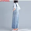 Kvinnors jeans höga midja denim Bib Women Thin Korean Pants ser lös bred ben nio poäng overaller jumpsuit streetwear sommar 221011