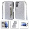 Sparkle Rope Flip Zipper Phone Cases pour Samsung Galaxy S22 Ultra S21 Plus S20 S21FE S20FE Note20 Note10 Pro A13 A33 5G A53 A73 A82 Shiny 3 Card Slots Wallet Chain Shell