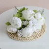 Artificial Silk Peony 8 Heads Bouquet Fake Flowers Faux Floral Greenery Plant Leaves Wedding Room Home Party Garden Decor G7192c