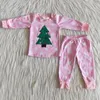 Kleidungssets Kinder Weihnachten Stickerei Rentier Kleidung Rosa Langarm Pyjamas Großhandel Baby Mädchen Outfit Streifen Hosen Kinder Hirsch Set