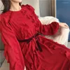 Sıradan Elbiseler 2022 Vintage şarap kırmızı fırfırlar Elbise Kadınlar Uzun Kollu Yüksek Bel Kemeri Yay Dürüklü Pist Kadın Zarif Parti Vestidos