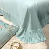 Sängkläder sätter satin bomullsbroderi täcke täcke set lyxgrön vit lapptäcke sängkläder sängklädda lakan kuddväskor kung queen size 221010