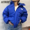 Kvinnor Down Parkas Kvinnor Winter Parkas Hoodie Blue Jacket Patch Zip Up Thick Puffer Coat Woman Cotton Padding Winter Jackets For Women Puffer T221011