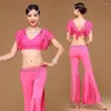 Bühnenkleidung Frauen Tanzen Bauch Kleidung V-Ausschnitt Spitze Orientalische Übungskostüme Set Mädchen 2 Stück Top Split Schlaghosen Hosen