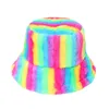 Ethnic Clothing New Outdoor Multicolor Rainbow Faux Fur Letter Pattern Bucket Hats Women Winter Soft Warm Cap