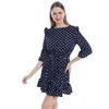 Casual Kleider Frauen Sommer Kleid Dot Rüschen O Hals Hohe Taille Mini Drei Viertel Laides Niedlich