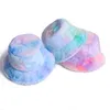 Ropa étnica Mujeres Invierno Arco Iris Colorido Tie Dye Bucket Hat Fluffy Fuzzy Plush Short Brim Protector solar Grueso Cálido Al aire libre Panamá Cap