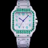 Carier Silver Cz Diamonds Watch BP Factory Men Luxury Watches Green Bezel Rainbow Roman Numerals Missfox Square Automatic Eta8215 Movement Full Iced Out Wristwatch