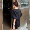 女性用トラックスーツカーキラウンドネックバブルTシャツトップニットウェアカジュアルハイウエストドローストリングフラワーバッドショーツブラックセットスーツ