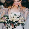 2023 Sexy Silver Gray Bridesmaid Dresses Jewel Neck Lace Hand Made Flowers Satin Half Sleeves Plus Size Maid Of Honor Gowns Wedding Guest Dress