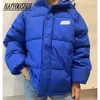 Kvinnor Down Parkas Kvinnor Winter Parkas Hoodie Blue Jacket Patch Zip Up Thick Puffer Coat Woman Cotton Padding Winter Jackets For Women Puffer T221011