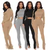 Dames tweedelige broek Dames Rib Gebreide Drawstring Onregelmatige 2 Outfit Crew Nek Zang Lange Mouw Crop Top Side Split High Taille Solid Color