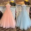 Bloemen kleine meisjes optochtjurk 2023 Sparkle Ballgown Baby Kids Kerstcocktailfeestjurken Boho Flower Girl Pink Light Sky Blauw Off-Shoulder Lace-Up