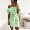 Robes décontractées Dames d'été Robe plissée Mode Femme Rayé Slash Cou Mini avec ceintures Femmes Parti Robes Mignon