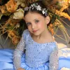 2023 Flower Girls Dresses For Weddings Light Blue Gul Long Sleeves Lace Appliques Sequined Tutu Short Ruffles Tiered Birthday Children Girl Pageant Bows Bow