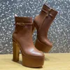 Latest Ankle boots luxury designer classic Buckle Zip round head Platform Heel shoes 100% Cowskin 15.5CM high heeled fashion short boot 35-42