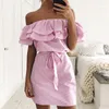 Robes décontractées Dames d'été Robe plissée Mode Femme Rayé Slash Cou Mini avec ceintures Femmes Parti Robes Mignon