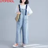 Kvinnors jeans höga midja denim Bib Women Thin Korean Pants ser lös bred ben nio poäng overaller jumpsuit streetwear sommar 221011