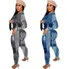 Fashion Imitation Denim Print Pants Set Autumn And Winter Women's Casual Twine Pocket Two Piece Tracksuits