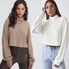 Damenpullover Damen Herbst Winter Khaki Weiß Pullover Stehkragen Langarm Strick Twist Einfarbig Lose Kurze Pullover Büro