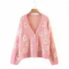 Kvinnors stickor Söt knapp ner tröja Cardigan Löst stickad kappa Chic Autumn Spring Casual Long Sleeve Women V Neck Floral Fashion Ytterkläder