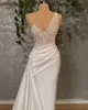 2022 White Evening Dresses Wear Bling Pearls Beads One Shoulder Illusion Satin Mermaid Plus Size Formal Party Dress Prom Gowns