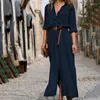 Casual Dresses Women's Shirt Dress with Belt Long Sleeve Straight V Neck Elegant Button Ankle-Length Vestidos