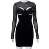 Casual Dresses Wishyear 2022 Fall See Through Black Mesh Velvet Cut Out Long Sleeve Dress Sexy Bodycon For Women Birthday Clubwear